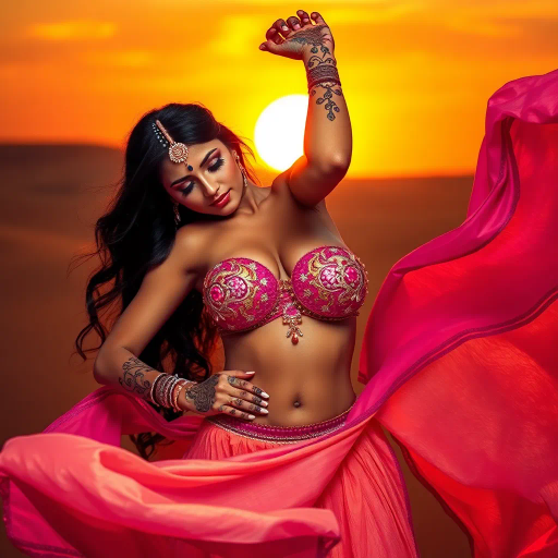 sultry arabian allure, exotic belly dancer, shimmering silk, intricate beadwork, captivating performance, sensual movement, vibrant dynamics, henna artistry, glistening desert sunset, mesmerizing curves, warm golden hues, evocative framing, mysterious allure, flowing lines, arabesque patterns, passionate expression, cultural elegance, textured skin, soft ambient lighting, impressionistic influences, evocative tapestry, delicate grace, ethereal presence, enchanting narrative, arabian nights inspiration