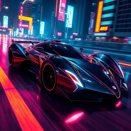 sleek futuristic automobile design, inspired by Syd Mead, cybernetic and synthwave aesthetics, dynamic movement and angles, vibrant neon lights and colors, high contrast shadows, aerodynamic curves, metallic and glossy textures, immersive depth, innovative and cutting-edge technology, urban landscape and environment backdrop, night setting with atmospheric glow, bold color palette, capturing speed, energy and racing spirit, seamless integration, avant-garde technological elegance, dramatic and expansive composition, cyberpunk influence, retro-futuristic elements, visual impact, reflections, streamlined form