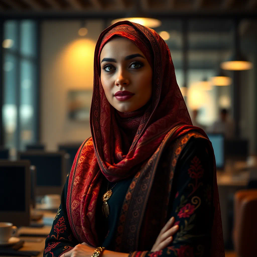 Arab lady, modern workplace, intricate patterns, vibrant colors, cultural attire, depth of field, chiaroscuro lighting, warm tones, elegance and grace, harmonious composition, intricate ornaments, contemporary setting, middle eastern influences, professional attire, focused expression, traditional meets modern, cultural fusion, subtle textures, rich fabrics, dynamic composition, thoughtful gaze, strong posture, narrative art, emotional depth, symbolic storytelling, delicate features, inspired by Alphonse Mucha, atmospheric rendering, contrast and harmony