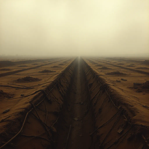 First World War trenches, desolate battlefield, craters, barren landscape, moody atmosphere, historical warzone, Claude Monet, impressionistic brush strokes, muted sepia tones, overcast skies, dramatic lighting, war-torn terrain, somber mood, emotional depth, chaotic composition, gritty textures, historical narrative, military history, devastation, earth tones, realistic depiction, stark contrast, atmospheric perspective, ethereal gloom, reflective surfaces, foggy ambiance, melancholy