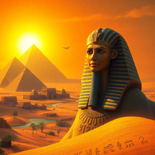 ancient Egypt, mystical landscapes, pharaohs, intricate hieroglyphs, pyramids, sunlit desert sands, vivid ochre hues, golden sunlight, timeless allure, spiritual resonance, Nile River motifs, ethereal glow, Howard Carter influences, Jean-Léon Gérôme, hierarchies, enigmatic smile, tomb artistry, papyrus scrolls, cultural heritage, sandstone structures, celestial alignment, esoteric knowledge, exotic flora, mythological creatures, architectural grandeur, eternal legacy, transformative power, historic reverence, mystical aura, Nefertiti-inspired elegance, grand temples, vibrant turquoise, lush Nile River, symbolic resonance, sacred ritual, atmospheric depth, ornate jewelry, celestial constellations, epic scale, timeless culture, mysterious allure, flowing robes, time-worn textures, sandstone textures, desert symbolism, alabaster textures