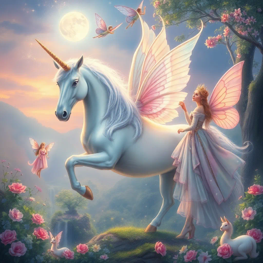 mythical unicorn, enchanting fairies, regal princess, ethereal glow, soft pastels, dreamlike landscape, intricate detail, romanticism, whimsical essence, magical realism, baroque influences, delicate brushstrokes, shimmering textures, enchanted forest, twilight ambiance, ethereal beauty, imaginative composition, vibrant flora, surreal atmosphere, celestial light, fairytale dimension, mythical creatures, gentle aura, serene emotion, opulent attire, mystical symbolism, fantasy narrative, luminous glow, vibrant pastel colors, whimsical landscapes, luminescent wings, flowing gowns, stardust, Arthur Rackham, Johan Christian Dahl, ethereal luminosity, dreamy composition, celestial aura, timeless fantasy, iridescent tones, storybook charm, moonlit scenery, shimmering waterfalls, enchanting realm, mystical ambiance, ethereal palette, celestial landscape, fantasy realism
