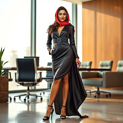elegant arab lady, professional setting, high-fashion heels, modern office, cultural elegance, vivid colors, dynamic composition, natural light, Henri Matisse influences, contemporary style, luxurious fabric textures, warm tones, poised and confident expression, sleek silhouette, refined and sophisticated, detailed attire, graceful posture, Middle Eastern aesthetic, juxtaposition of tradition and modernity, evocative mood, subtle symbolism, realistic proportions, intricate detailing, work environment, empowerment theme