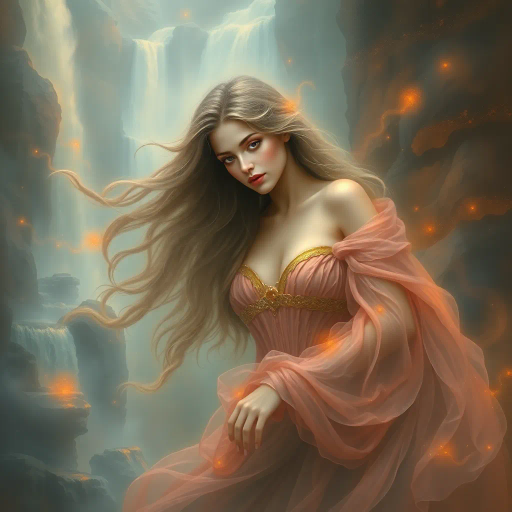 ethereal goddess, pre-raphaelite, swirling mists, vibrant hues, flowing garments, serene expression, intricate detailing, landscape of waterfalls, romanticism, soft illumination, artistic masterpiece, mystical aura, rich textures, Art Nouveau influences, cascading locks, dreamlike atmosphere