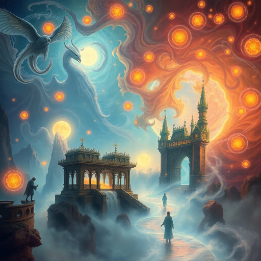 dreamlike realm, ethereal beings, swirling mist, glowing orbs, alphonse mucha, art nouveau, celestial wonders, vibrant palette, mythical creatures, surreal landscapes, whimsical, magical realism, intricate details, luminous textures, fluid motion, elven architecture, enchanted forests, mystical aura, leonardo da vinci, chiaroscuro lighting, renaissance influences, fantastical elements, immersive atmosphere, timelessness, beyond reality