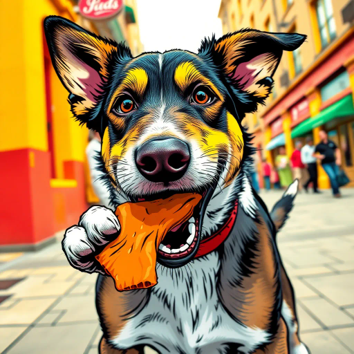 playful canine, enjoying, chicken jerky, vibrant colors, dynamic composition, exaggerated expressions, humorous tone, Roy Lichtenstein, pop art, bold outlines, textural details, motion lines, mid-action freeze, urban setting, whimsical, exaggerated proportions, narrative storytelling, lively scene, expressive movement