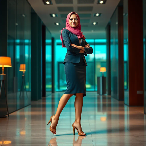 Arab lady, hijab, professional setting, elegance, modern workplace, high heels, grace, long legs, contemporary fashion, vibrant colors, Henri Matisse, impressionistic lighting, cultural fusion, confident composition, smooth textures, chic office attire, dynamic pose, minimalistic design, elegance, bustling office, refined aesthetics, empowerment, subtle sophistication, urban environment, creative space, harmony in diversity, timeless beauty, lateral perspective, graceful movement, cross-cultural artistry, sleek lines