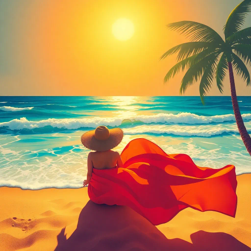 beach, summer, vibrant, warm tones, sunlit, ocean waves, Henri Matisse, contemporary, playful, surreal, flowing fabric, tropical, geometry, cultural influence, island life, carefree, bright colors, dynamic composition, fluid movement, sand texture, joyful mood, idyllic, relaxing, artistic liberty
