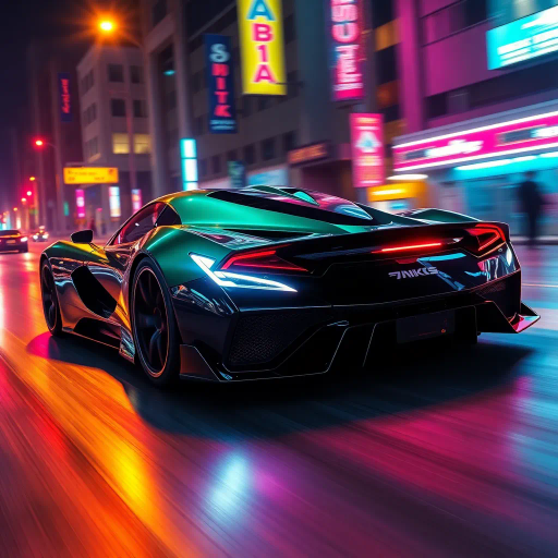 sleek sports car, futuristic design, synthwave aesthetic, vibrant neon colors, dramatic lighting, dynamic angles, glossy finish, cyberpunk influence, speed and motion, urban environment, atmospheric glow, night scene, reflections, cutting-edge technology, streamlined form, retro-futuristic elements, contrast and depth, racing spirit, digital landscape, visual impact