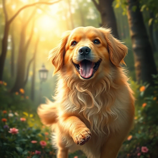 golden retriever, fluffy, vibrant joy, playful spirit, whimsical charm, John Howe, sunlight glow, intricate fur detail, enchanted forest, lively atmosphere, harmonious balance, magical realism, warm palette, joyful innocence, lush greenery, ethereal ambiance, dynamic movement, fairy tale essence, softness of touch, golden aura, adventure spirit, wonder, timeless joy