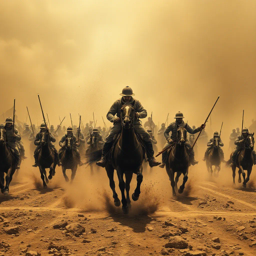 world war one, cavalry charge, dramatic lighting, Edouard Detaille, historical epic, dynamic composition, sepia tones, detailed textures, horse and rider, emotion and movement, early 20th century, realism, muted earth tones, swirling dust, chaos of battle, heroic scale, traditional mediums, sense of urgency, tension, war-torn landscapes, historical accuracy, cinematic framing, period uniforms, symbolism of war, surreal elements, expansive landscapes, atmospheric perspective, tension between forces, muted color palette, historical significance, timeless storytelling, perspective shift