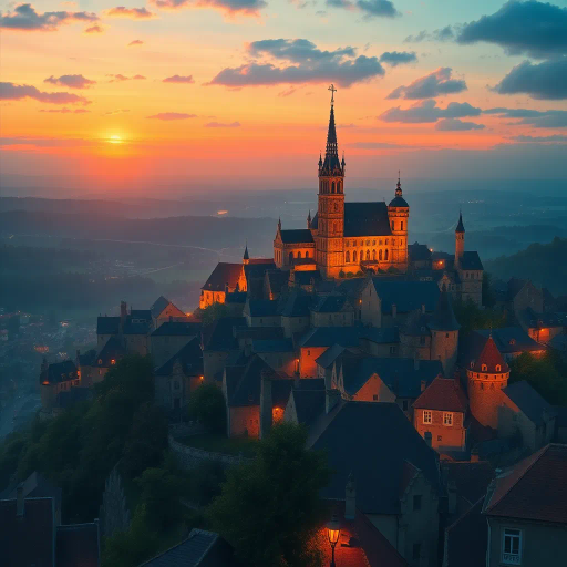 medieval cityscape, glowing twilight, perched on hilltop, vibrant colors, Claude Lorrain influence, golden hour lighting, ethereal atmosphere, lush landscapes, towering spires, intricate architecture, cobblestone streets, panoramic views, sweeping vistas, rich texture, romanticism, detailed engravings, enchanting aura, timeless beauty, serene ambiance, historical roots, narrative storytelling, mystical realm, elevated perspective, imaginative vision, fantasy essence, dreamlike setting, magical realism, atmospheric haze, visual poetry, harmonious balance, artistic expression, visionary landscape