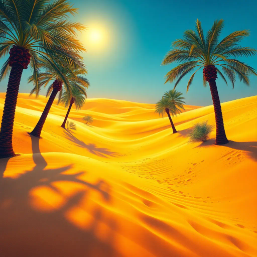 Serene, desert landscape, flowing sands, vibrant, Middle-Eastern motifs, intricate, arabesque patterns, striking color palette, azure skies, golden sands, gently swaying palms, cultural fusion, Henri Rousseau, Henri Matisse, warm lighting, dreamlike, mystical atmosphere, immersive perspective, delicate fabrics, flowing lines, vibrant details, elegance, grace, dynamic composition, tranquil ambiance, sunlit scene, artistic synthesis, exotic, bold textures, ornate, symbolism, lush, art nouveau, ethereal