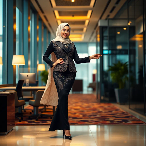 Arab lady, hijab, professional setting, elegance, modern workplace, high heels, grace, long legs, contemporary fashion, vibrant colors, Henri Matisse, impressionistic lighting, cultural fusion, confident composition, smooth textures, chic office attire, dynamic pose, minimalistic design, elegance, bustling office, refined aesthetics, empowerment, subtle sophistication, urban environment, creative space, harmony in diversity, timeless beauty, lateral perspective, graceful movement, cross-cultural artistry, sleek lines