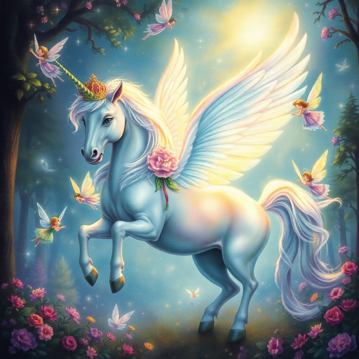 ethereal unicorn, mystical fairies, regal princess, enchanting forest, vivid colors, dreamlike atmosphere, shimmering light, fantasy illustration, Jean-Baptiste Monge influence, whimsical composition, delicate wings, flowing royal gown, iridescent mane, starlit sky, Arthur Rackham style, magical realism, enchanting storytelling, surreal dreamscape, intricate details, ornate crowns, majestic presence, mythical creatures, enchanted realm, wonder and awe, otherworldly, luminous, timeless beauty