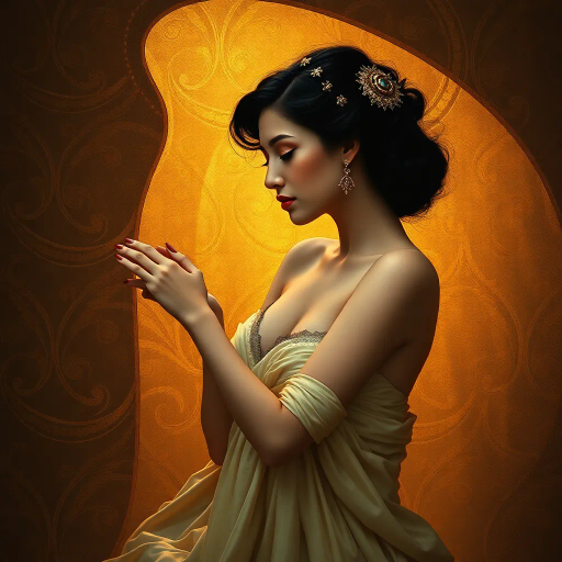 sensual elegance, Gustav Klimt, Art Nouveau, romantic allure, dramatic chiaroscuro, warm golden hues, intricate patterns, intimate settings, fluid forms, delicate textures, emotional depth, evocative silhouettes, luxurious fabrics, delicate skin tones, passionate expression, timeless beauty, harmonious composition, soft lighting, sensual curves, mythical symbolism, Baroque influences, classical grace, enticing mystery