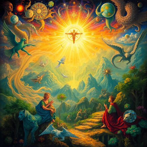 mystical beings, ethereal presence, vibrant colors, whimsical design, intricate patterns, Leonardo da Vinci, otherworldly landscapes, ancient mythology, dynamic movement, celestial bodies, enchanted forest, luminous glow, Baroque influence, surreal composition, magical realism, mythical creatures, detailed textures, Renaissance elegance, fantasy realms, dreamlike atmosphere, transcendent aura