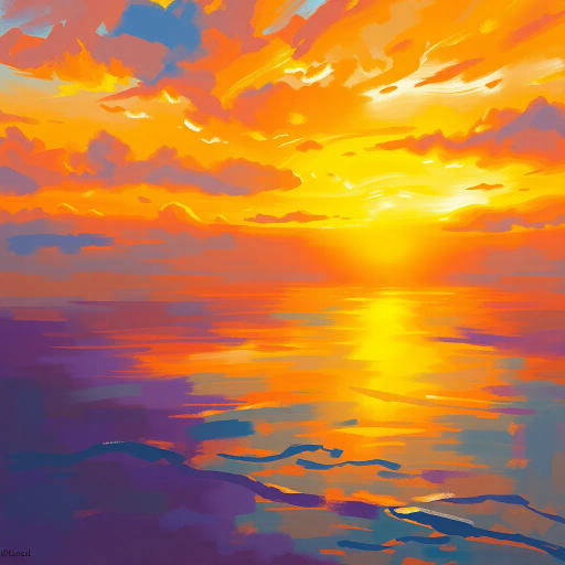 vibrant hues, breathtaking horizon, Claude Monet-inspired, impressionistic brushstrokes, golden light, serene landscape, warm color palette, expansive sky, tranquil waters, reflections, twilight ambiance, ethereal clouds, luminous glow, dynamic composition, radiant energy, soft gradients, harmonious balance, atmospheric depth, nature's beauty, meditative mood, expansive perspective, gentle textures, fleeting moments, serene calmness, poetic expression