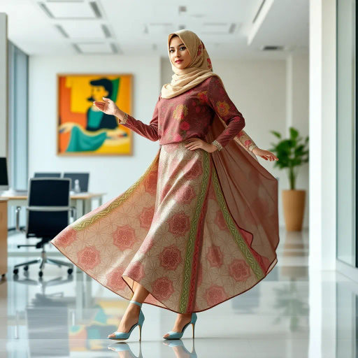 Arab woman, elegant hijab, professional setting, modern workplace, high heels, Middle Eastern culture, contemporary art, intricate patterns, vibrant colors, soft lighting, dynamic pose, cultural expression, delicate fabrics, office environment, confident demeanor, sophisticated fashion, grace and poise, diverse representation, cultural fusion, empowerment, modernism, Impressionism influences, human form, balance and harmony, Henri Matisse, vibrant palettes, fluid movement, cultural richness, modern elegance, intricate textiles, feminine grace, office aesthetics, poised confidence, Eastern influences, elegance in design, artistic balance, cultural narrative